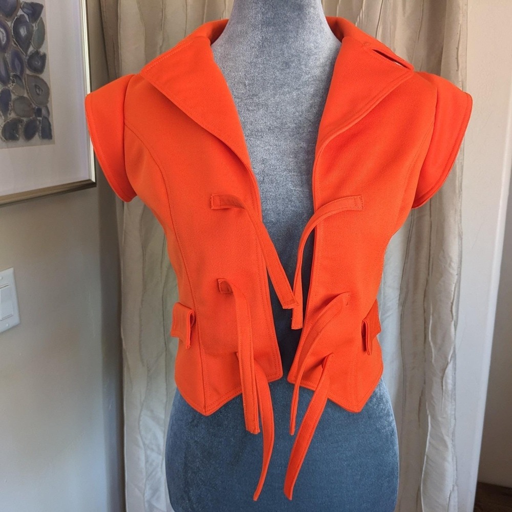 Vintage 70s Mod Cropped Top Vest XS/S Orange Tie Front Waistcoat Space Age - Picture 12 of 14